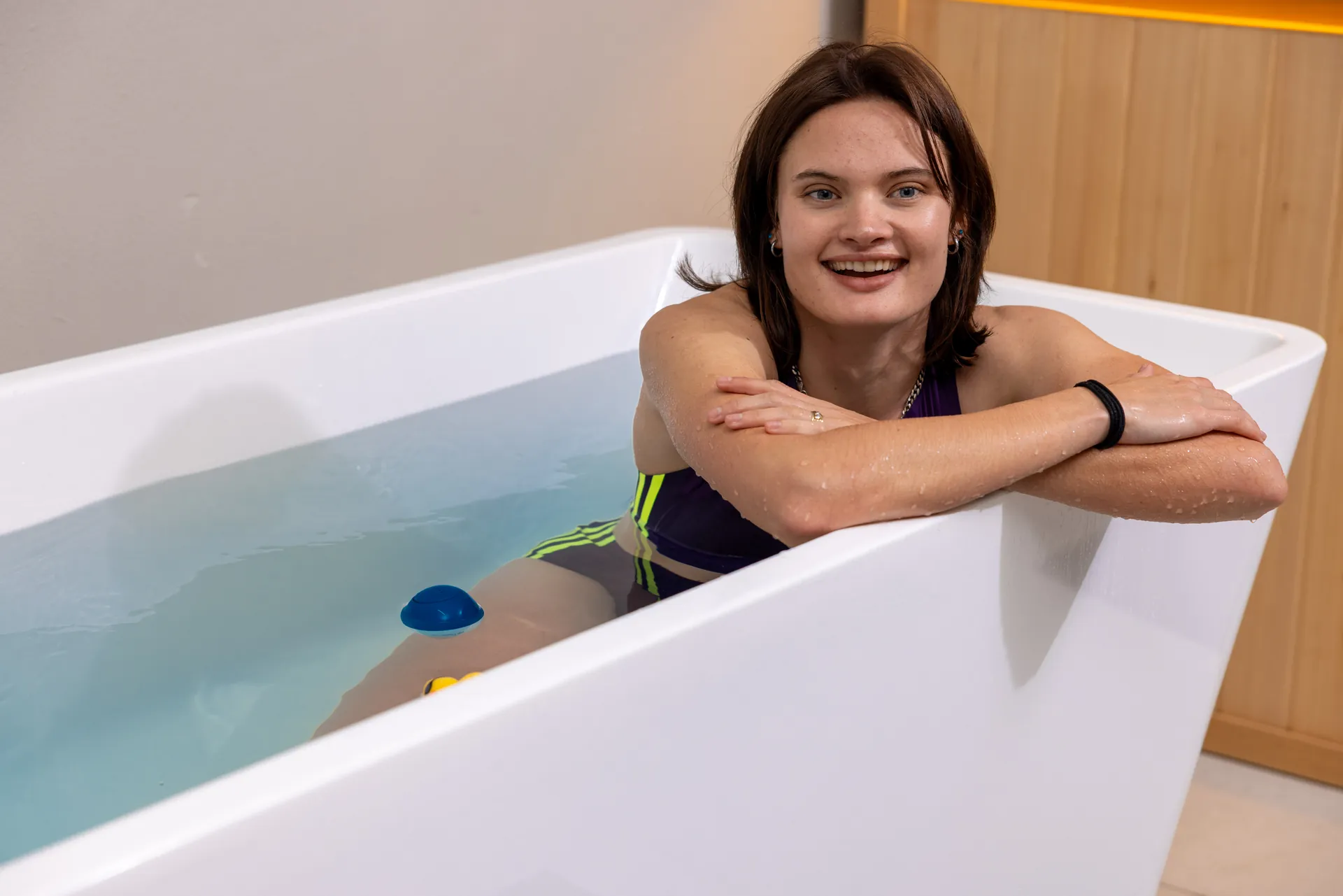 South African sprinter Kayla la Grange after a cold plunge at the Botthms Wellness Hub, Randburg